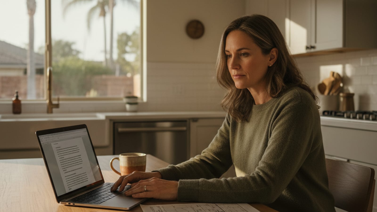 Homeowner reviewing San Diego County fence height and setback rules on a laptop at a kitchen table