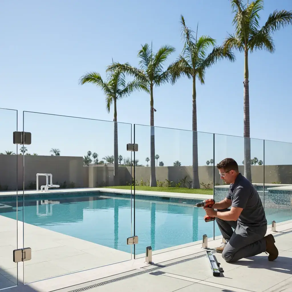A modern glass panel pool fence with a self-closing gate secures a beautiful San Diego backyard pool with palm trees and a tile deck.