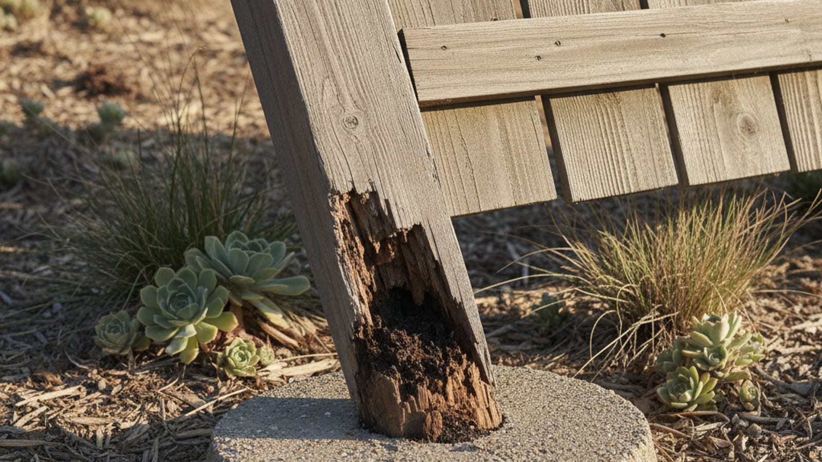 Leaning wood fence section with post rotted at grade showing visible damage in a San Diego backyard