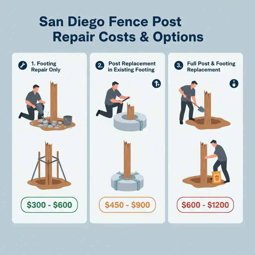 Infographic comparing costs and factors for repairing a fence post footing versus replacing a fence post in San Diego.