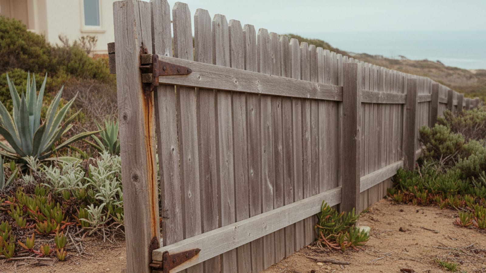 Coastal San Diego home with cedar fence showing salt-air weathering and corroded hardware near the ocean