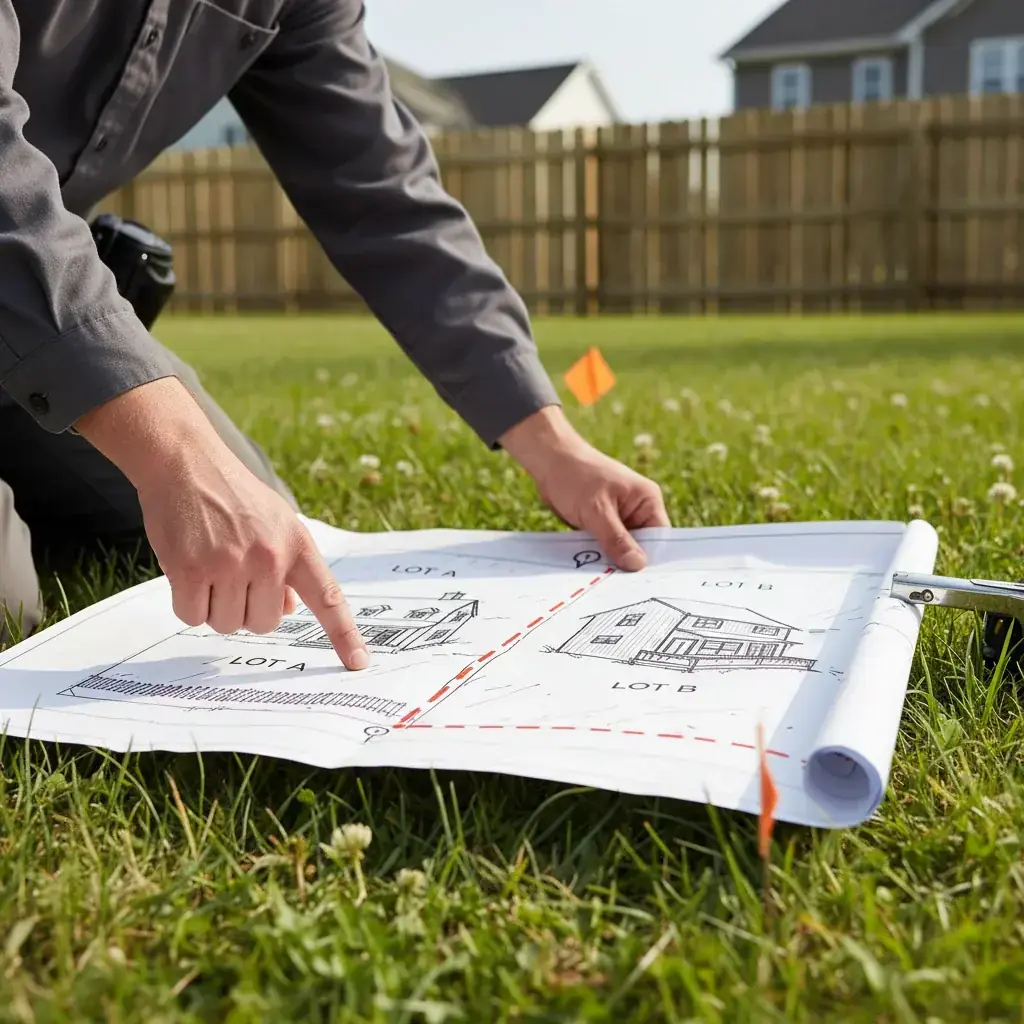 An image of a property survey map with the property line clearly marked between two houses.