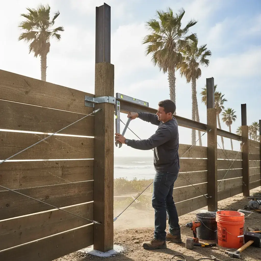 A reinforced wood fence stands strong on a windy day in San Diego with palm trees in the background.