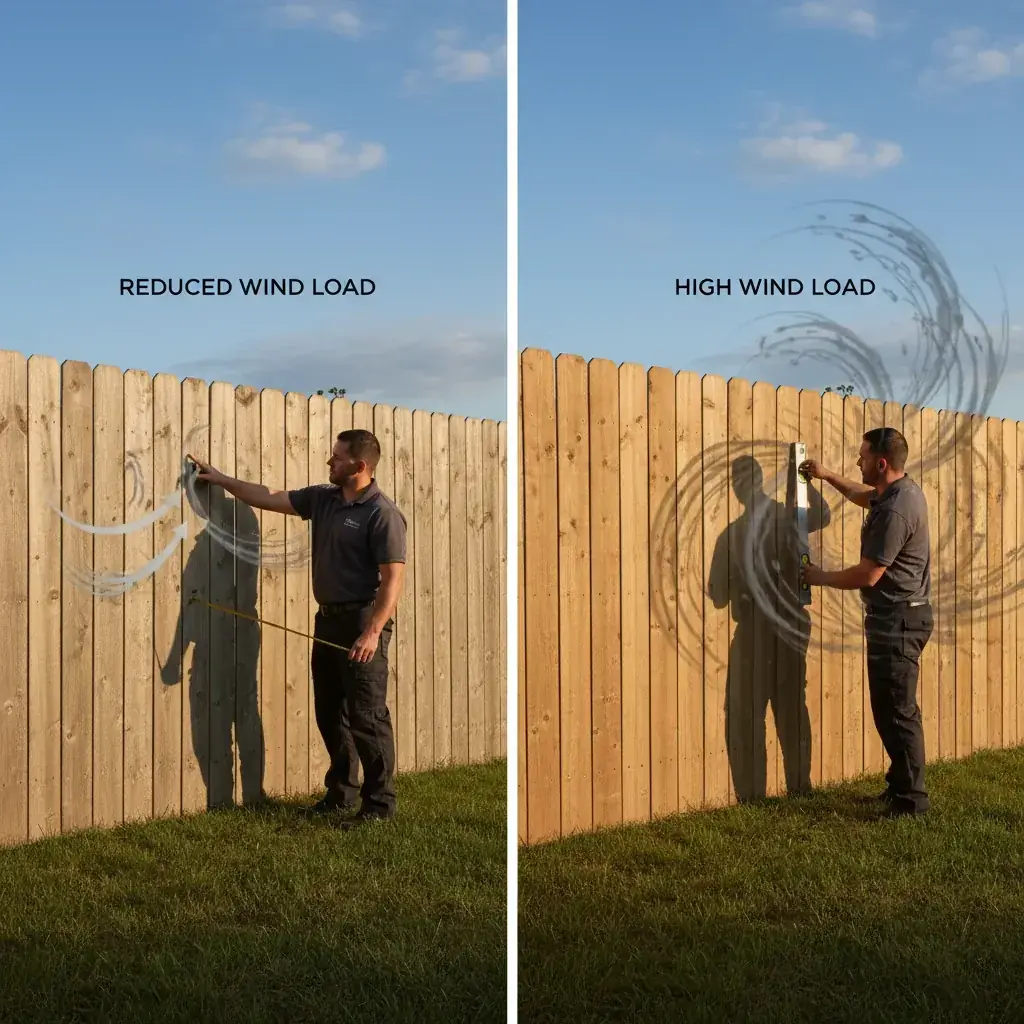 Diagram comparing wind flow through a permeable shadowbox fence versus a solid privacy fence.