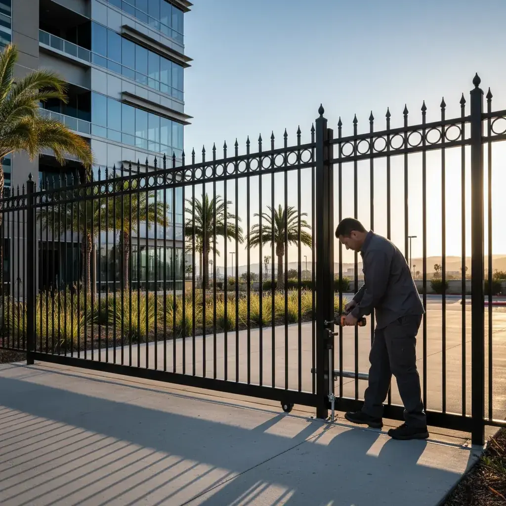 A tall, black ornamental steel security fence protecting a modern commercial building in San Diego, CA.
