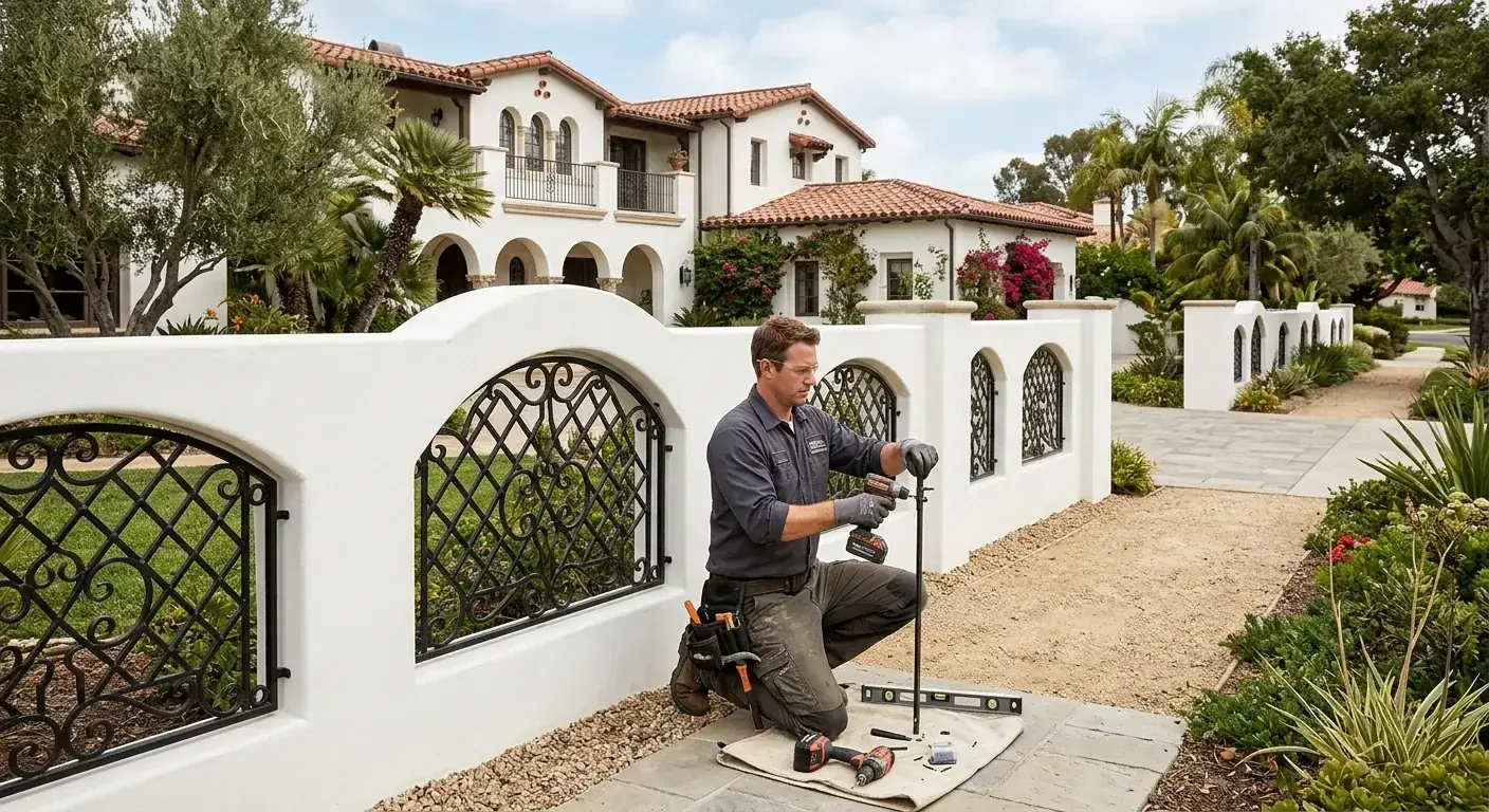 An elegant white stucco wall fence with arched openings and black wrought iron inserts, in front of a Spanish-style home in a neighborhood like Rancho Santa Fe.