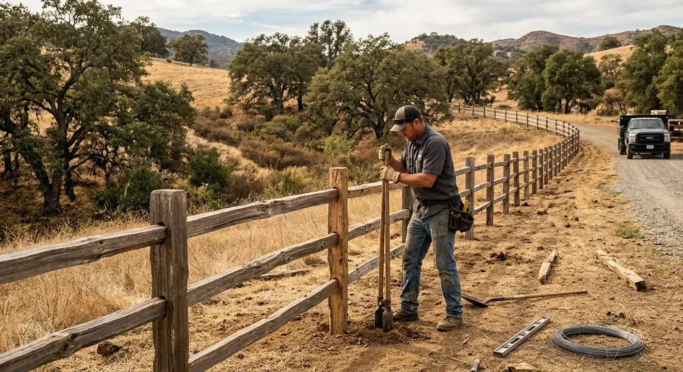 A long, rustic split rail fence winding along a property line in a rural part of San Diego County like Alpine or Jamul, with oak trees and dry hills.