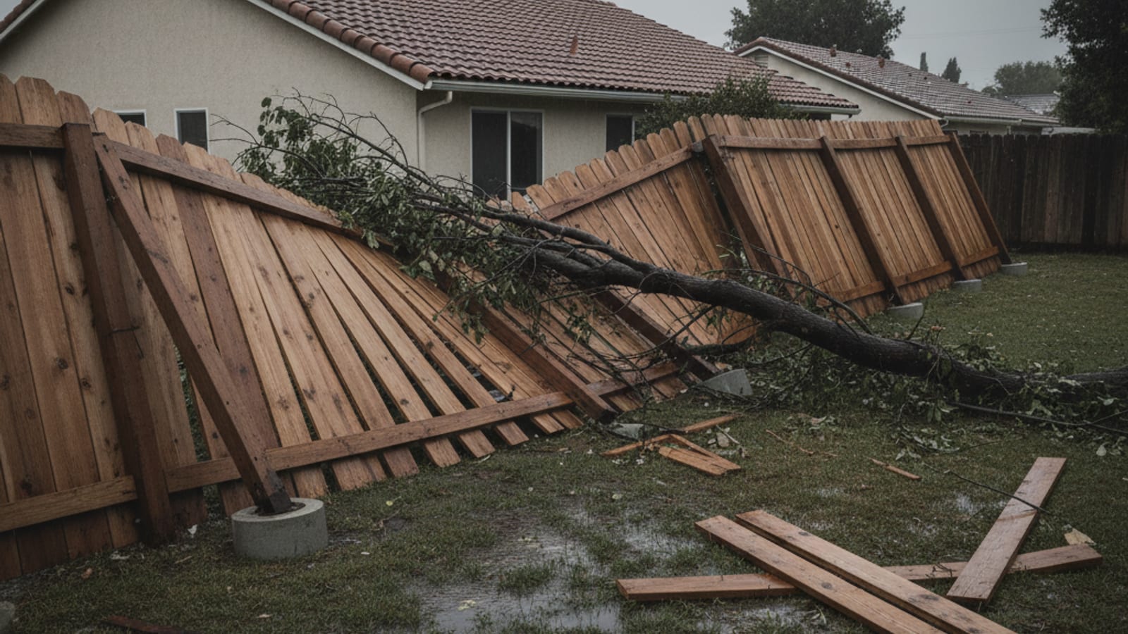 Storm-damaged wood fence with a section leaning and broken after a Santa Ana wind event in a San Diego backyard