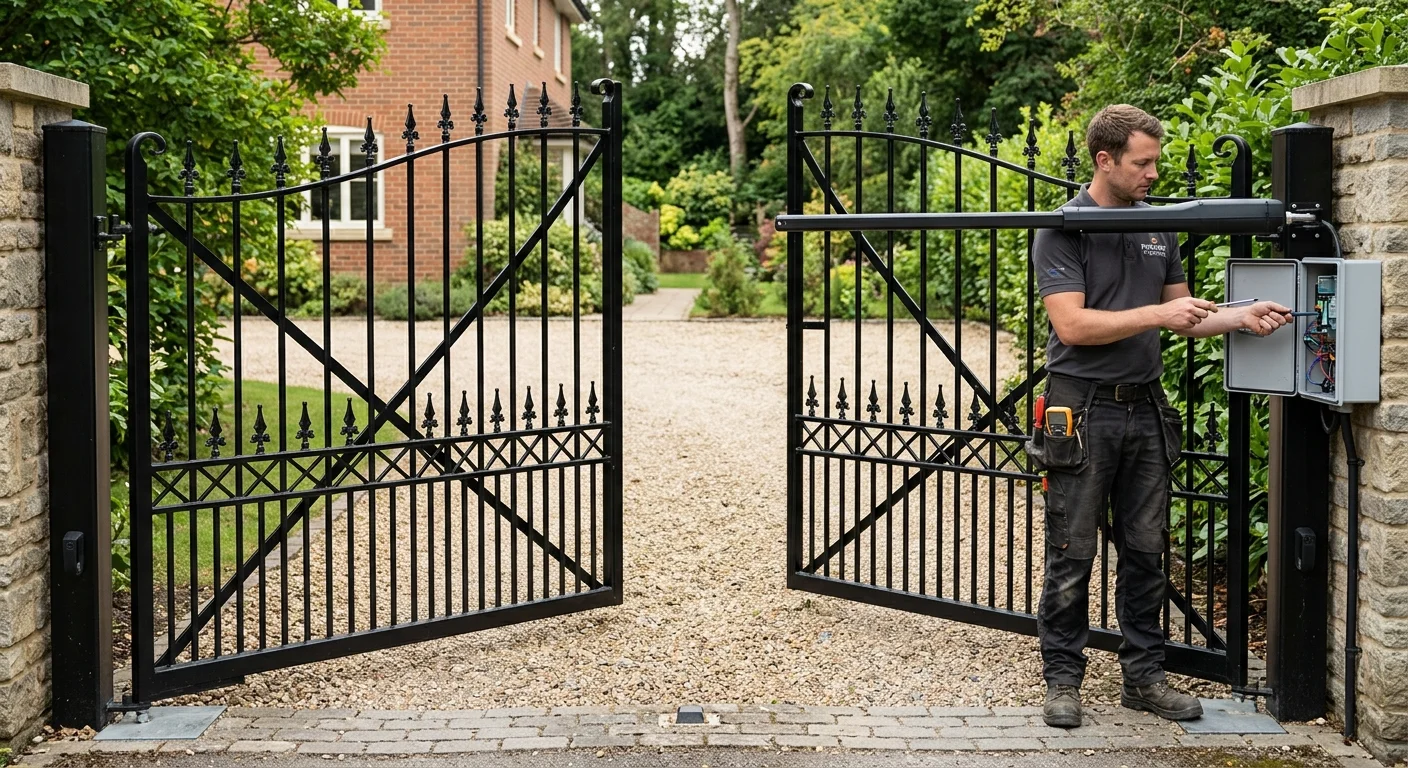 Residential swing driveway gate with opener arm, control box, and hinges
