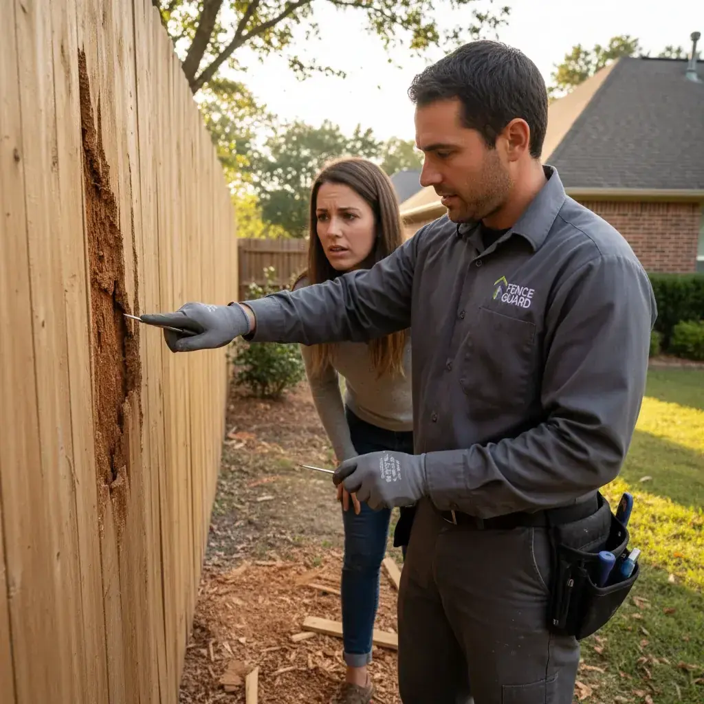 A Fence Pros San Diego contractor inspects a fence panel for widespread termite damage, advising the homeowner on the best course of action.