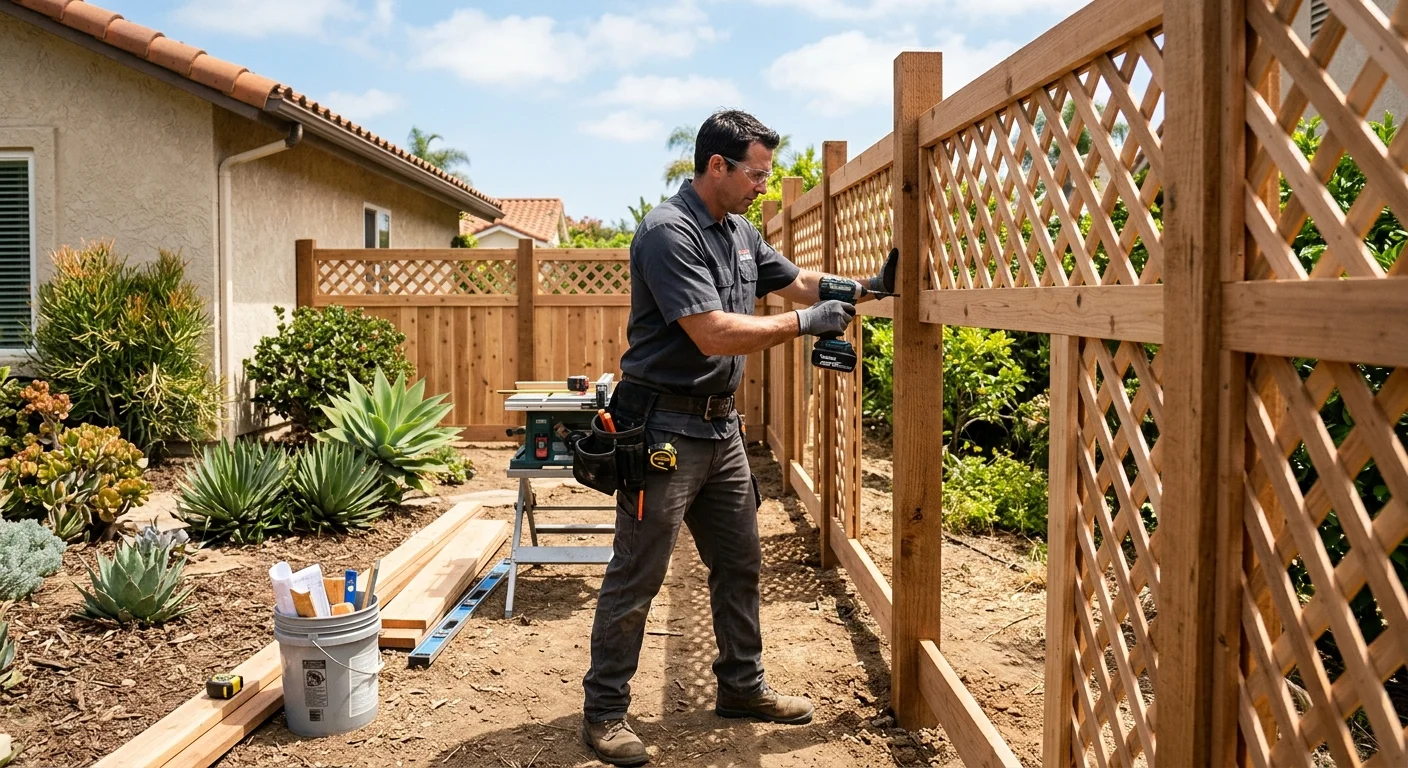 Wood trellis fence with open lattice along a San Diego side yard