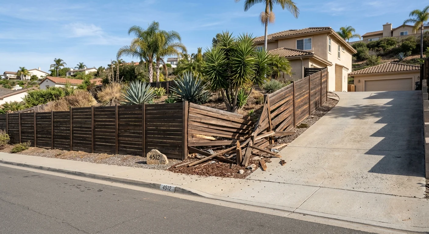 Residential fence damaged after vehicle contact beside a San Diego driveway