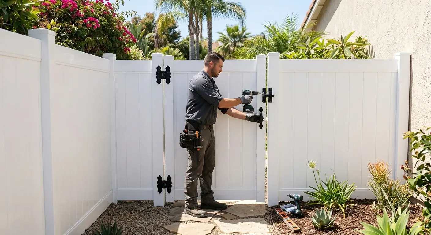 A pristine white vinyl walk-through gate with black hardware, set into a matching vinyl privacy fence in a sunny San Diego side yard.