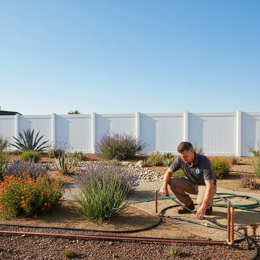 Clean white vinyl privacy fence along a Southern California suburban backyard with drought-tolerant landscaping and blue sky