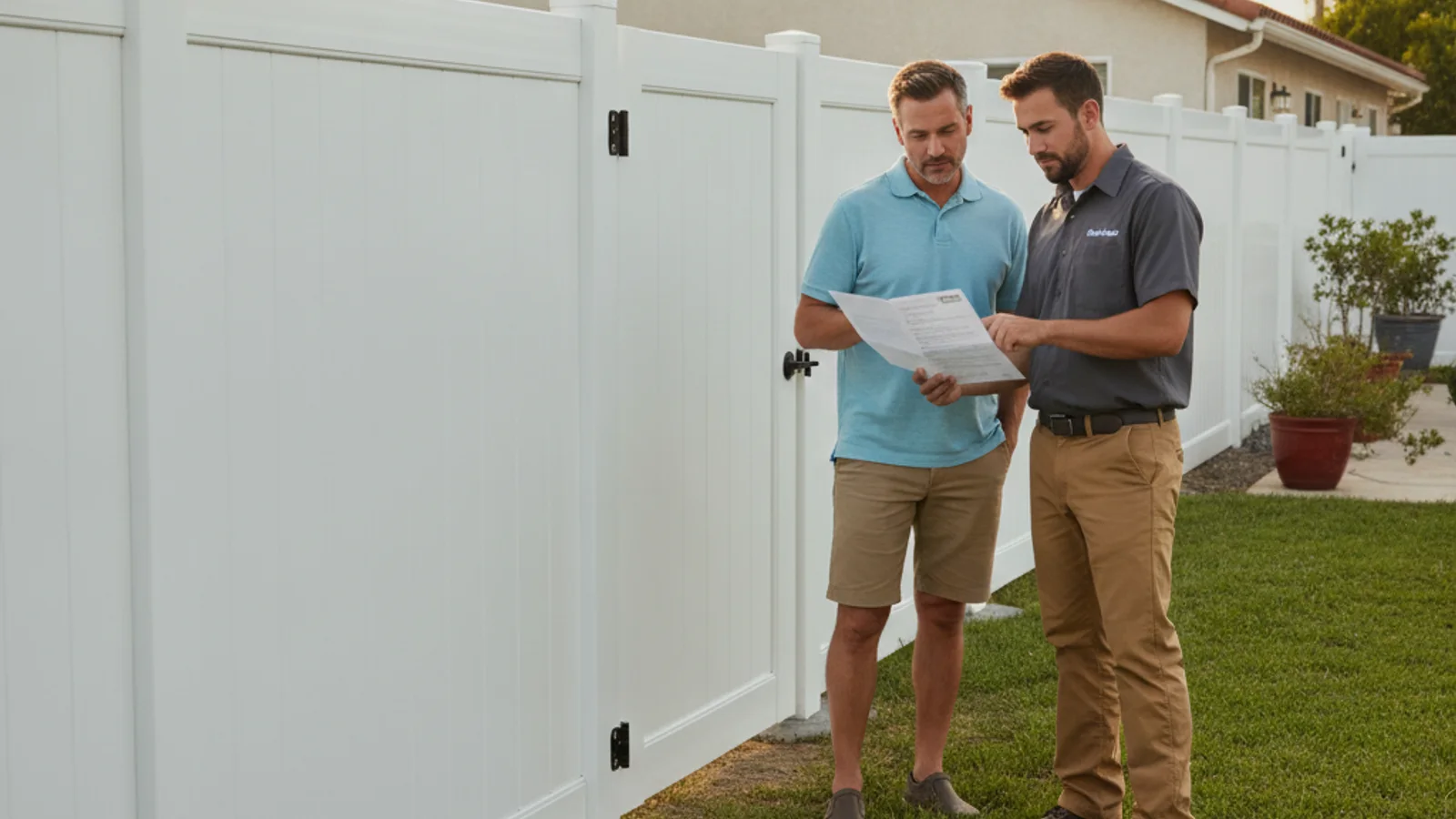 A homeowner and a fence contractor in a dark grey work shirt reviewing a written warranty document together beside a newly installed white vinyl privacy fence in a San Diego backyard