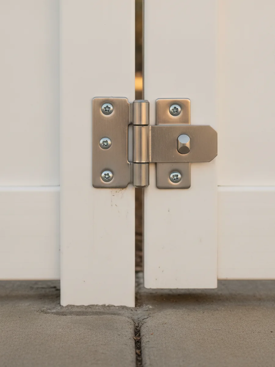 Close-up of a metal hinge and latch mounted on a white vinyl fence gate, showing the screws and hardware where it meets the vinyl post