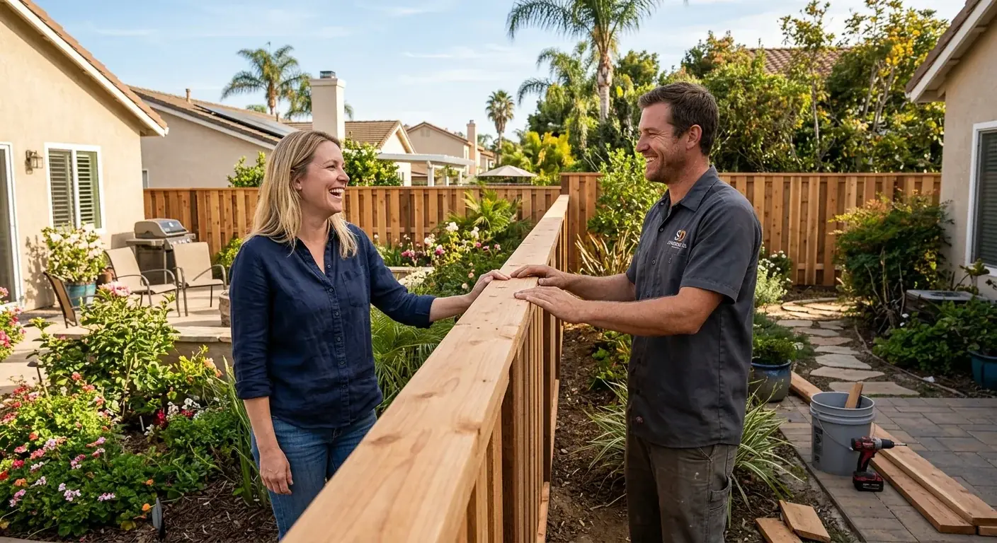 Two neighbors smiling and chatting over a beautiful new shadowbox wood fence that separates their San Diego backyards.