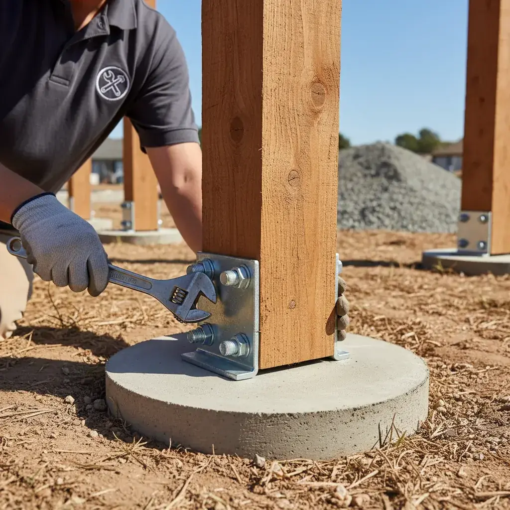 Close-up of a galvanized post anchor set in concrete with a cedar 4x4 post seated on top and San Diego soil visible at the base