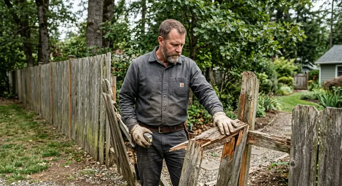 A homeowner thoughtfully looking at a damaged section of their old wood fence, considering their options.