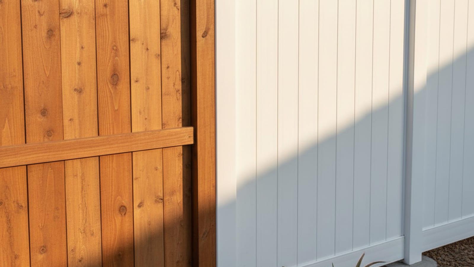 Side-by-side view of a cedar privacy fence and a white vinyl privacy fence meeting at a corner post in a San Diego yard