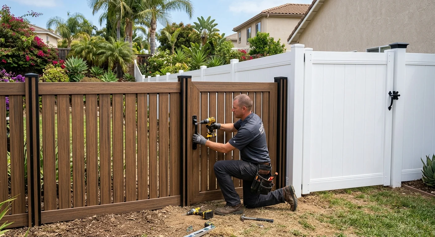 San Diego side yard with a WPC-style fence run beside a white vinyl section