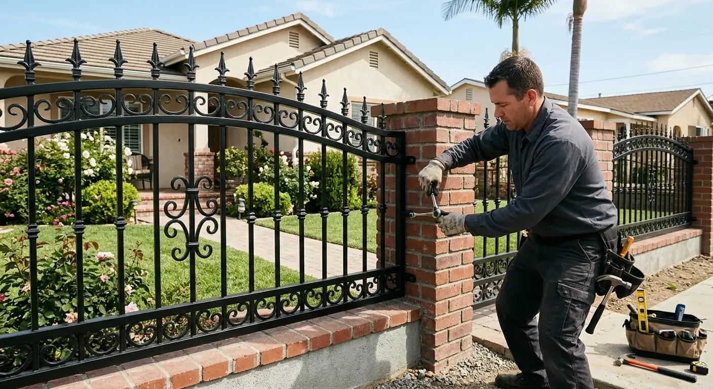 An elegant black wrought iron fence in front of a well-kept home in National City