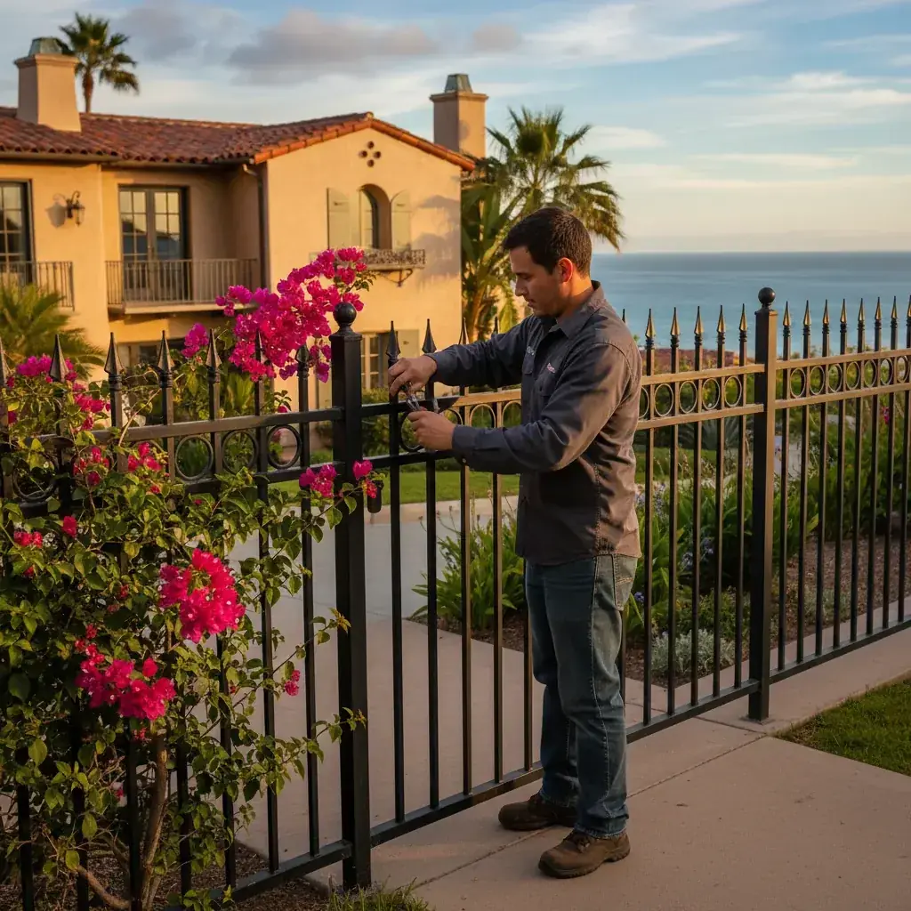 A classic black wrought iron fence with spear-point finials enclosing a Spanish-style home in La Jolla, with the Pacific Ocean in the background.