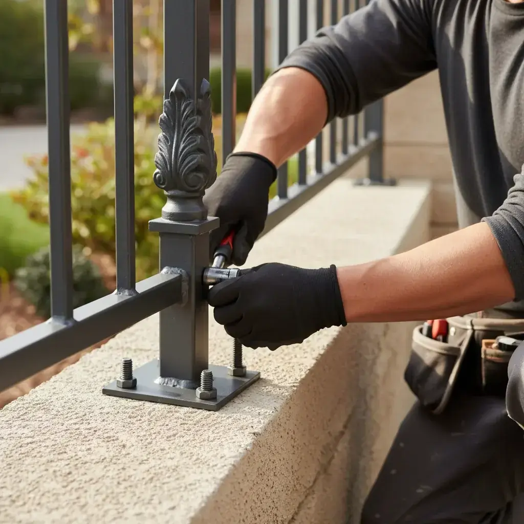 Detail of an iron fence post welded base with a powder-coat finish and a decorative cast finial, clean install on a stucco knee wall.