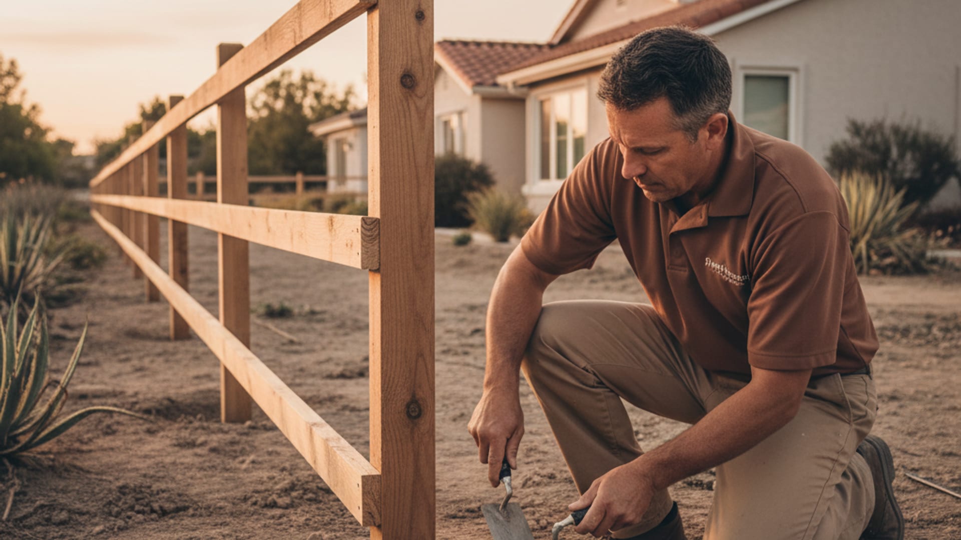 Fence installer setting a cedar post in concrete at a San Diego residential property in warm afternoon light