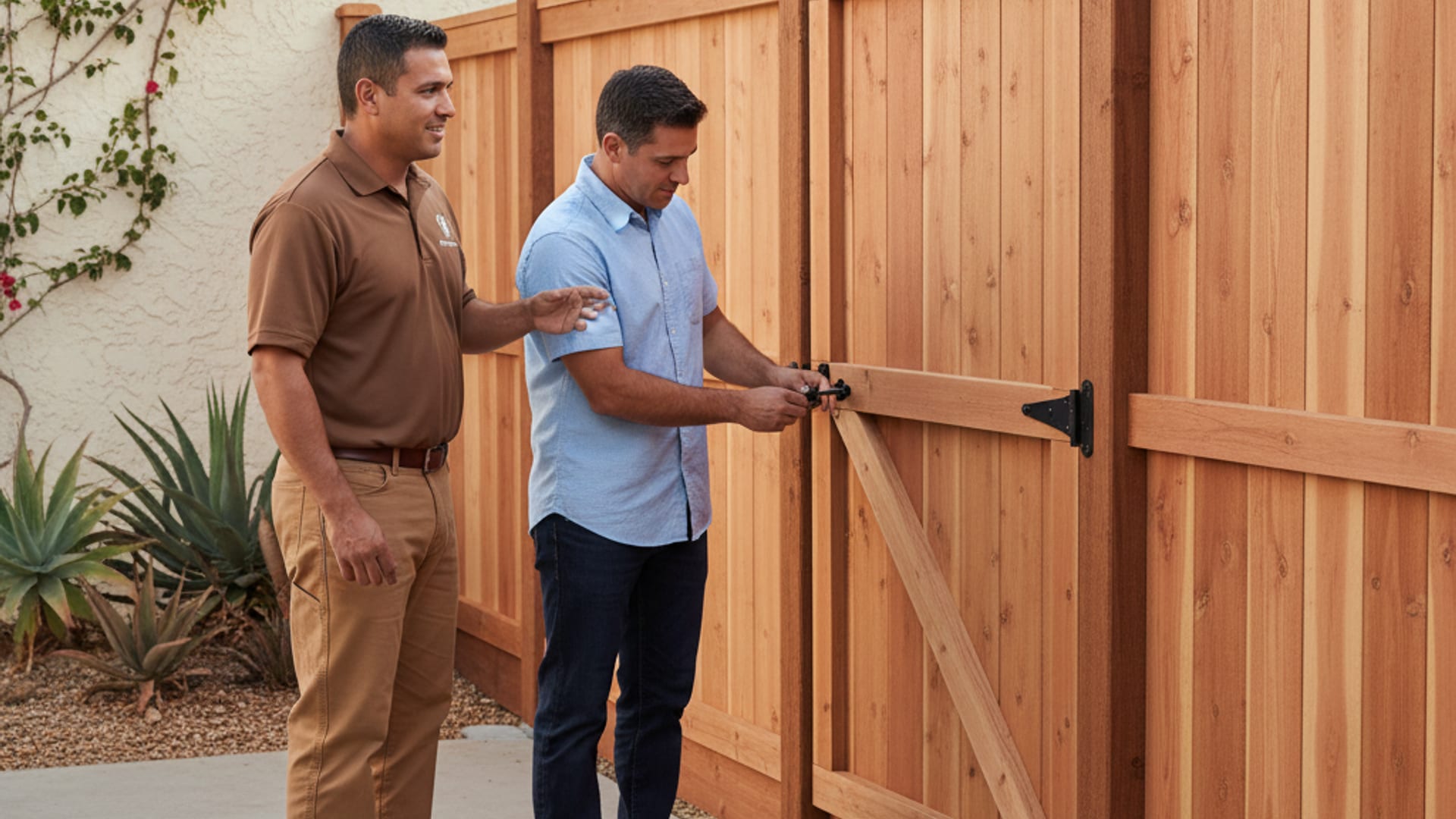 Fence installer reviewing plans with a homeowner in a San Diego backyard with new cedar fence visible