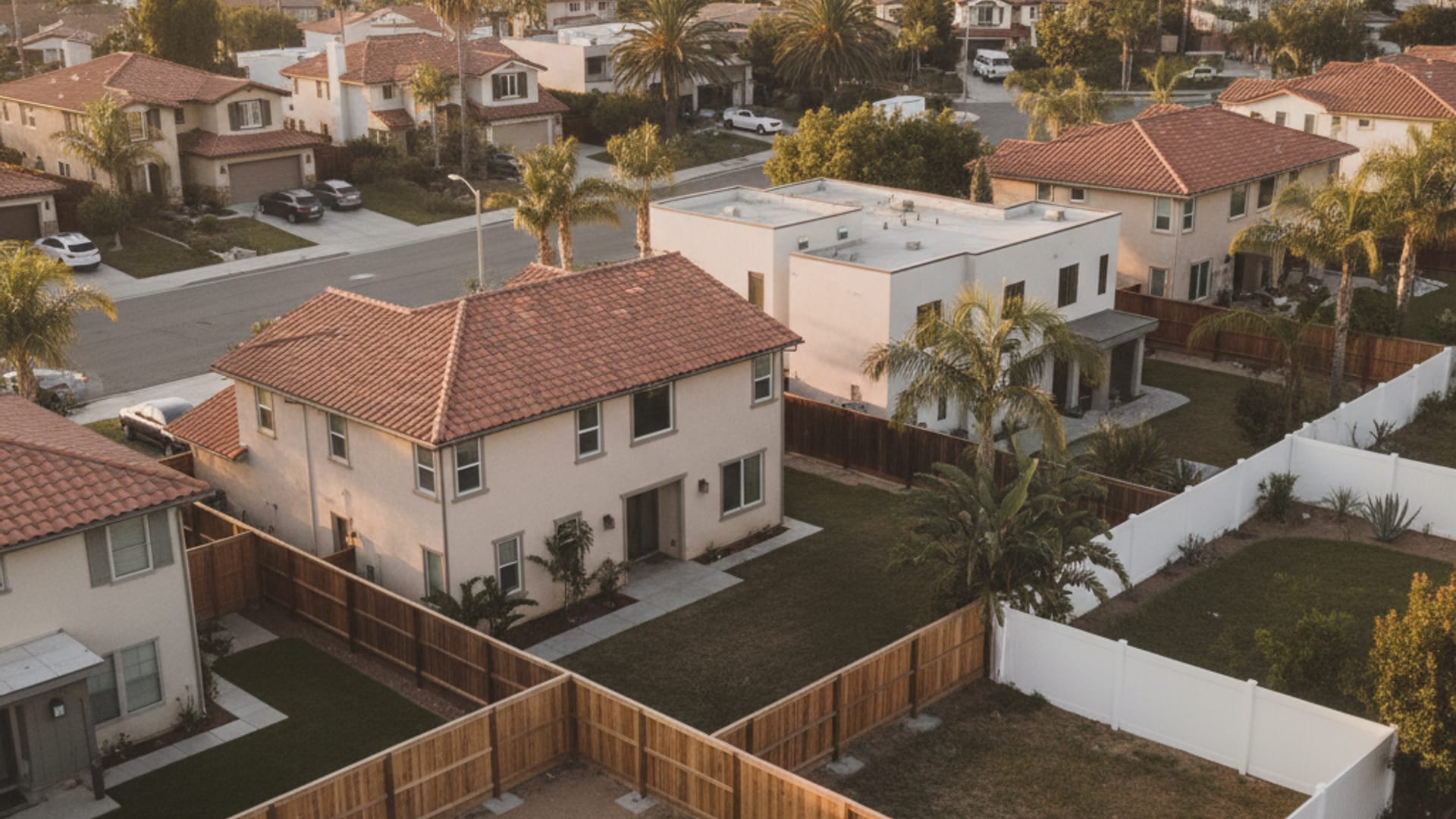 Aerial view of a San Diego County residential neighborhood with cedar and vinyl fence lines visible around the yards at golden hour