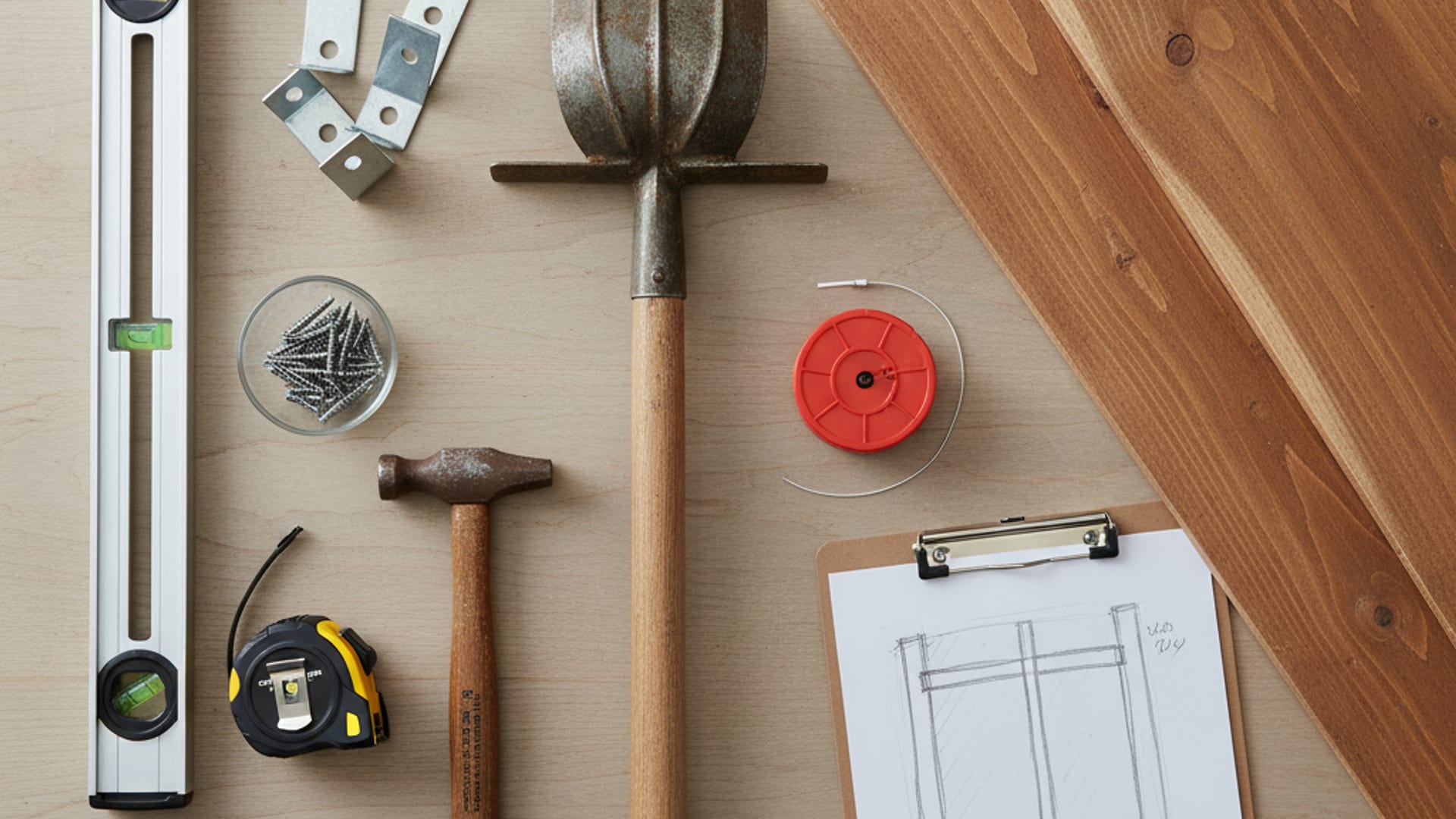 Overhead flat-lay of professional fence installation tools including post-hole digger, level, tape measure, screws, and hardware on a clean work surface