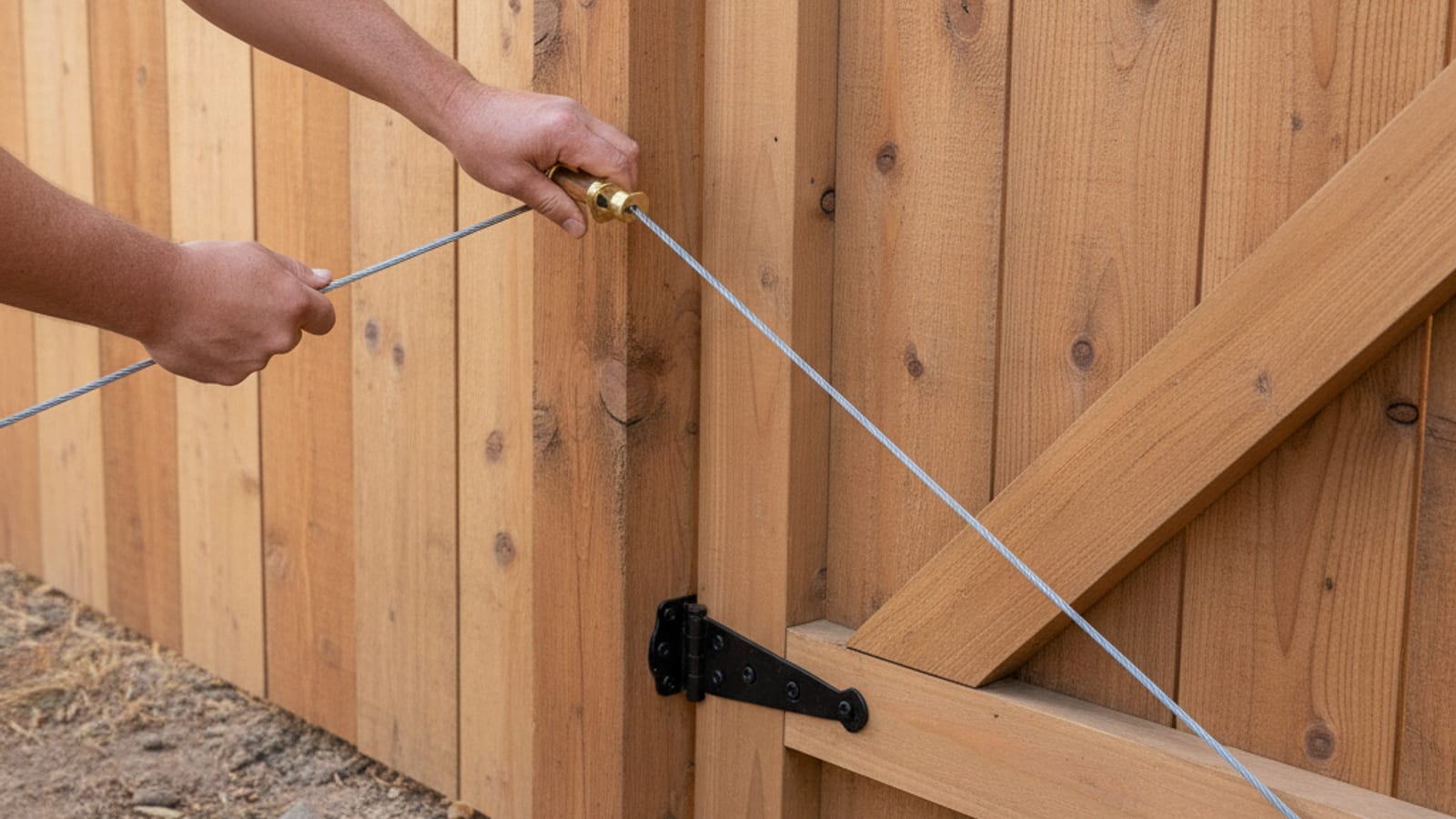 Homeowner installing an anti-sag cable kit on a cedar fence gate in a San Diego side yard to square the frame back up