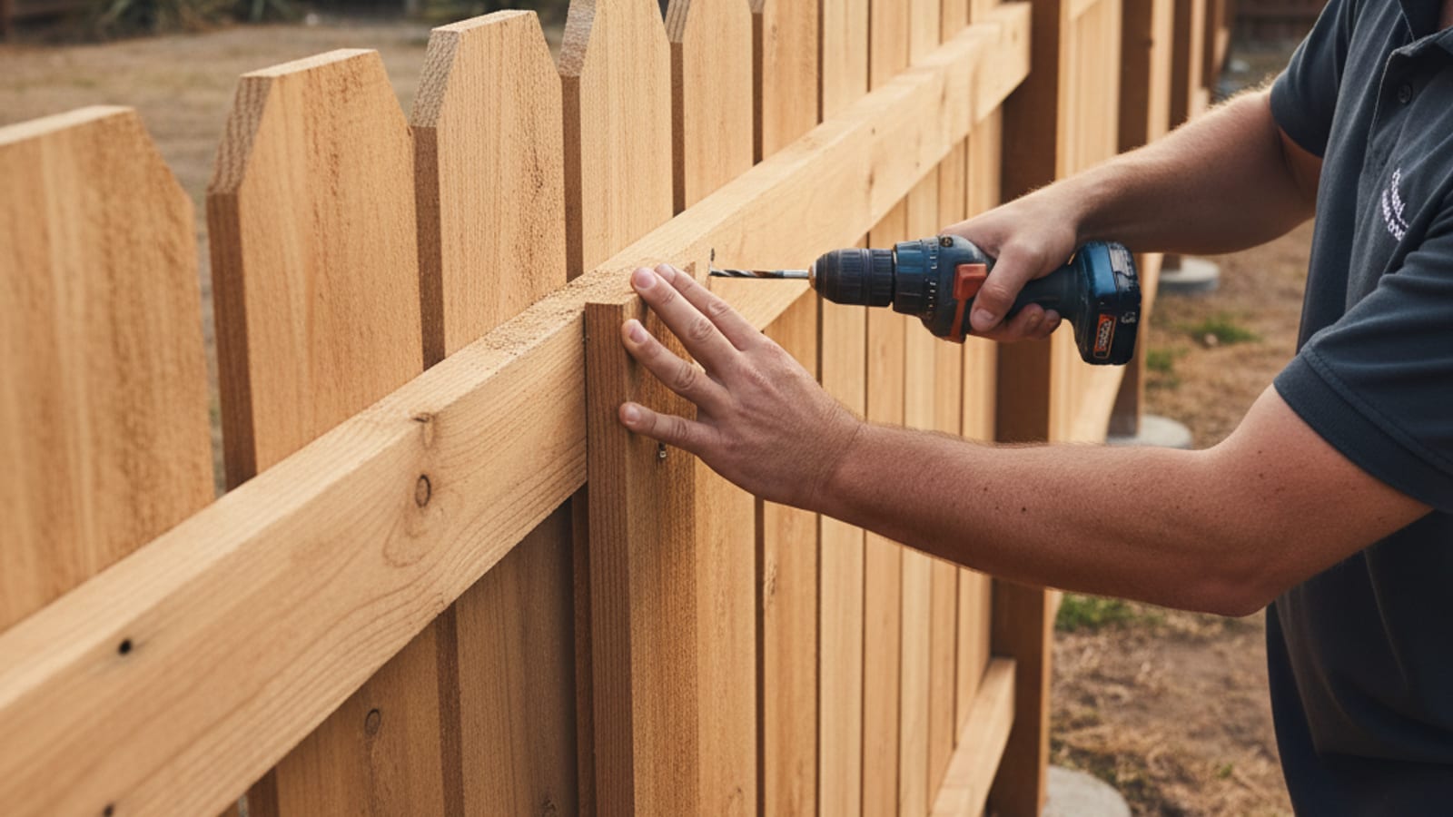 Homeowner pre-drilling a new cedar picket into a horizontal fence rail in a San Diego backyard replacement project