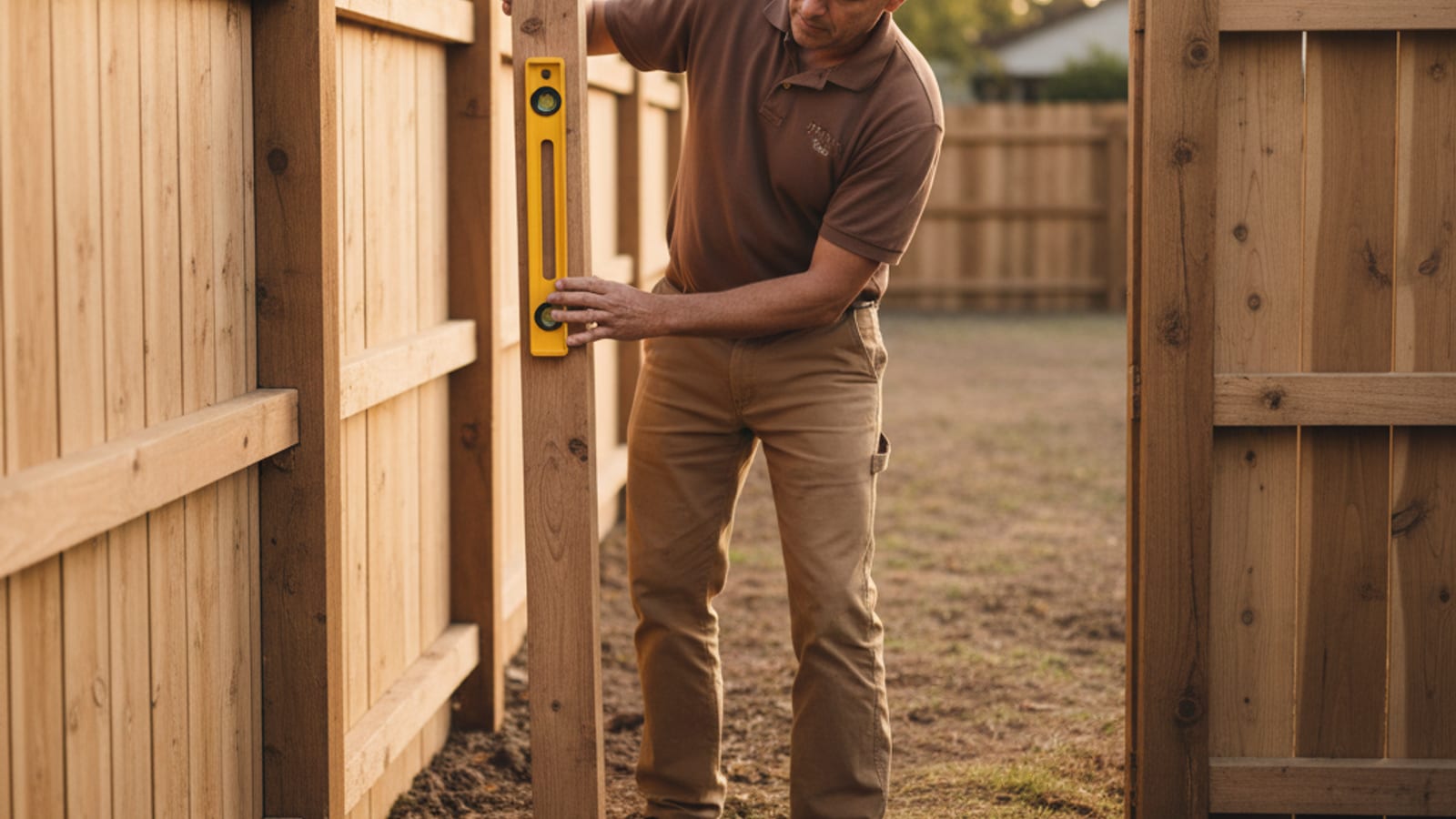 Homeowner using a post level to straighten a leaning cedar fence post in a San Diego backyard before resetting the concrete