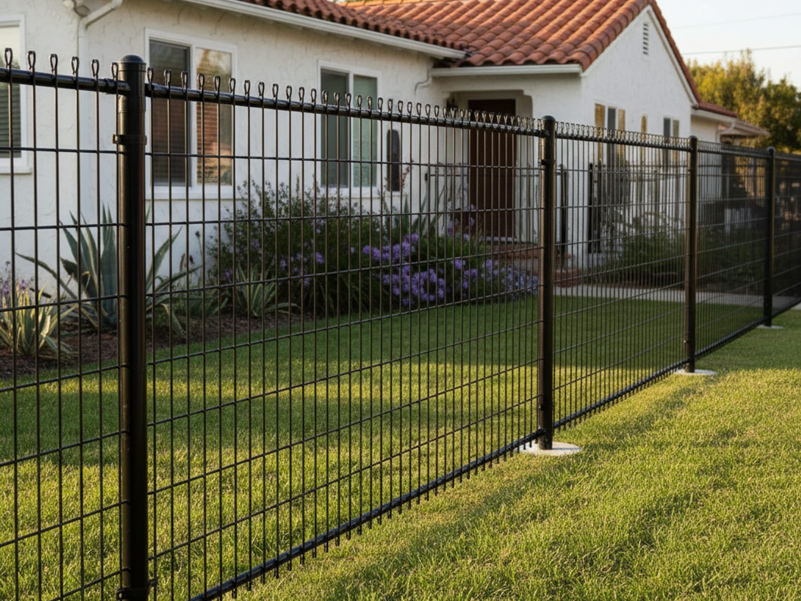 Black vinyl-coated chain link fence surrounding a San Diego residential backyard