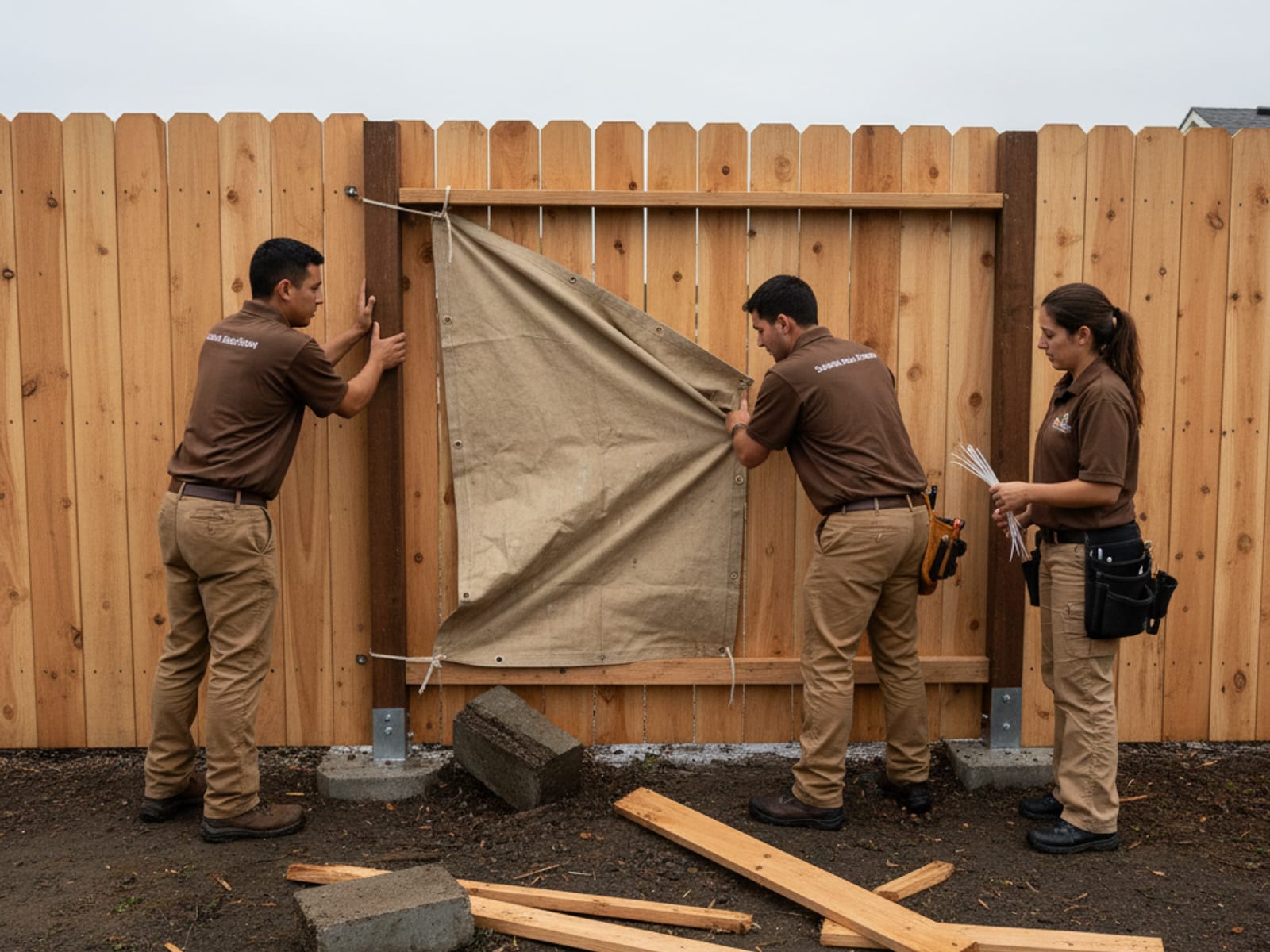 Emergency fence crew securing a storm-damaged wood fence section in San Diego County