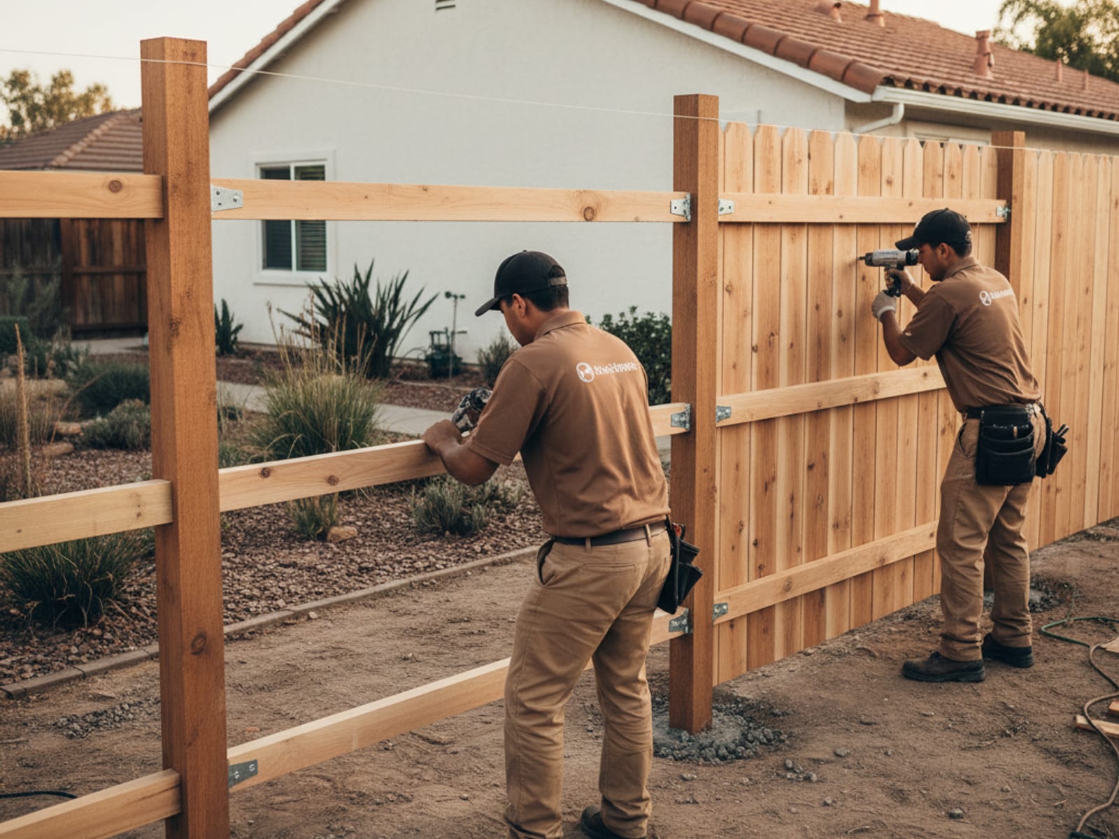 New cedar privacy fence being installed in a San Diego backyard with plumb posts and clean layout