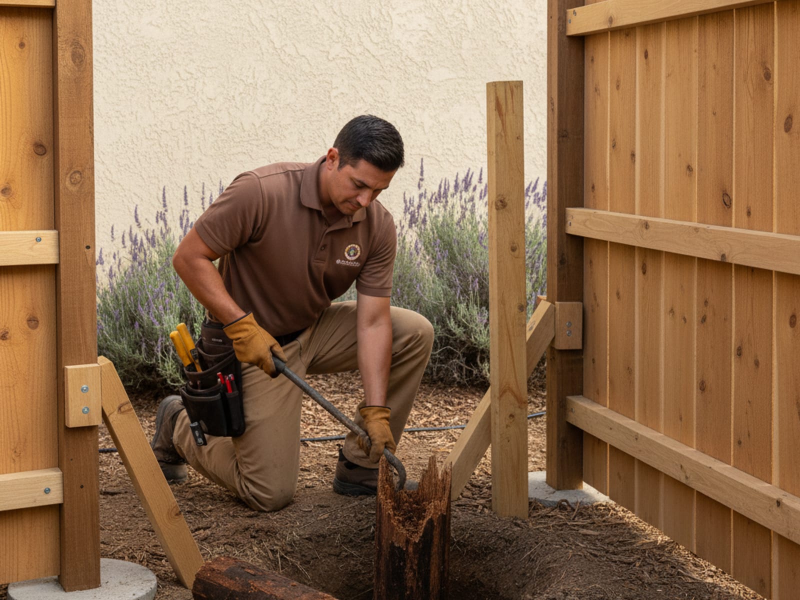 Fence repair specialist replacing a rotted cedar post at grade in a San Diego yard