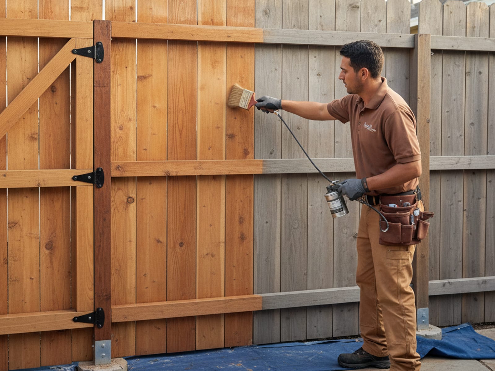 Fence refinishing crew member applying oil-based stain to a cedar fence in San Diego