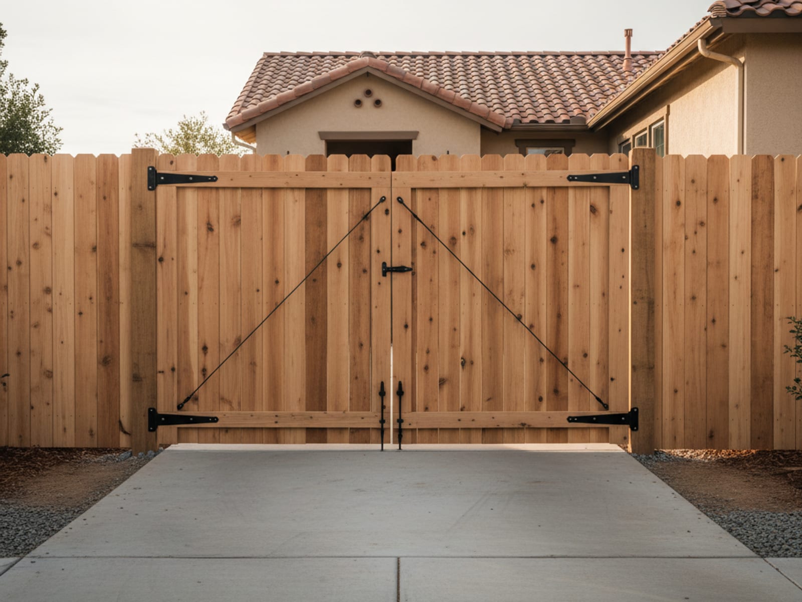 Double-swing cedar drive gate with black iron hardware in a San Diego driveway