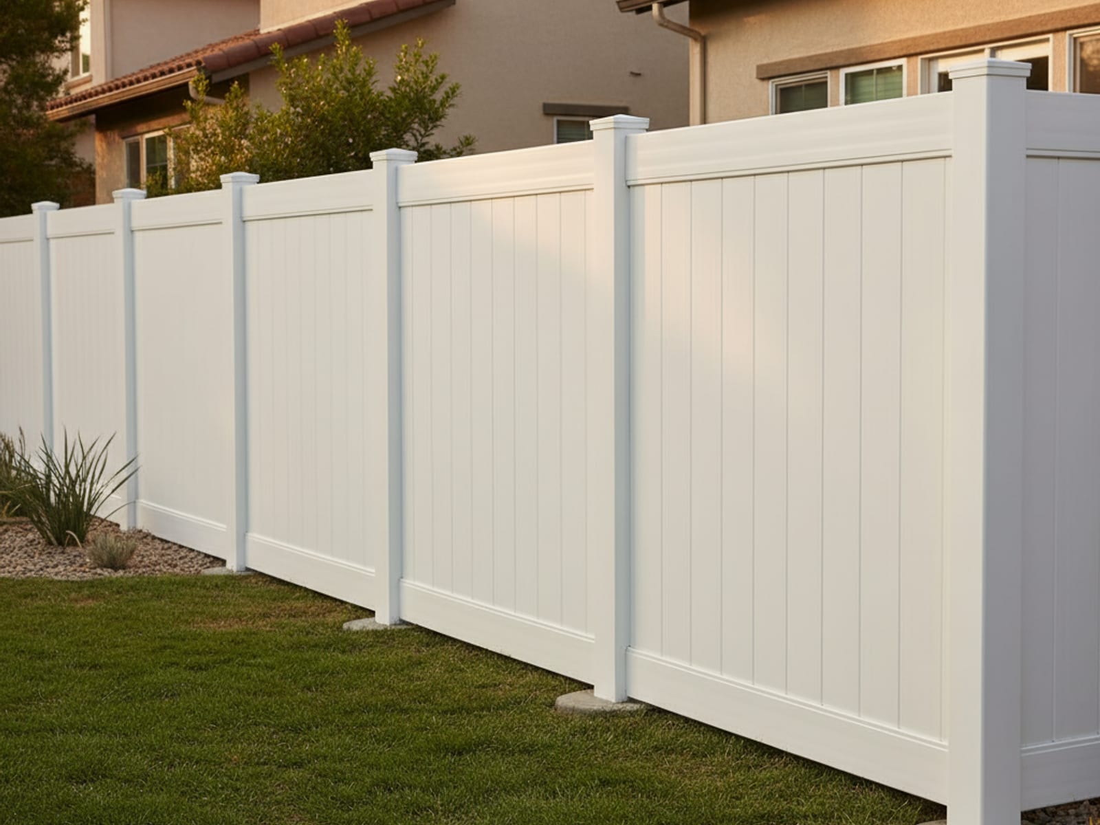 White vinyl privacy fence with routed rails installed in a San Diego residential yard