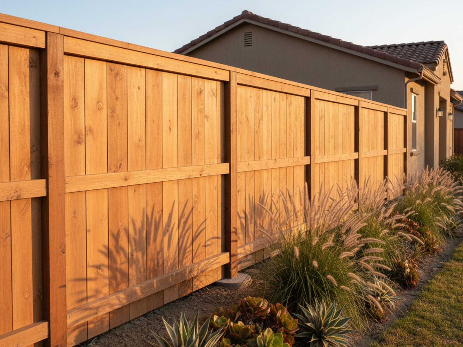 New western red cedar privacy fence in a San Diego backyard with clean picket alignment